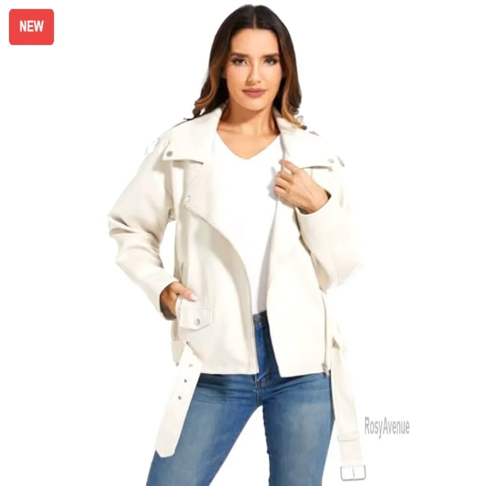 Faux Leather Motorcycle Jacket, Stretch PU Moto Coat, Utility Pockets, All - Picture 2 of 6